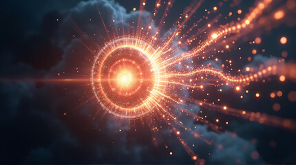 Abstract glowing orange energy core emitting light beams and particles against a dark, cloudy background, creating a dynamic and futuristic scene.