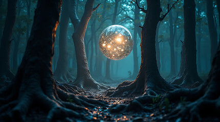 A glowing orb hovers in a dark, misty forest, illuminating the tangled roots and towering trees.