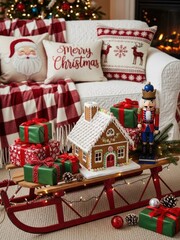 Obraz premium Cozy Christmas Living Room with Sled and Gifts