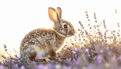 Fototapeta premium 朝日のラベンダー畑と茶色い子うさぎ