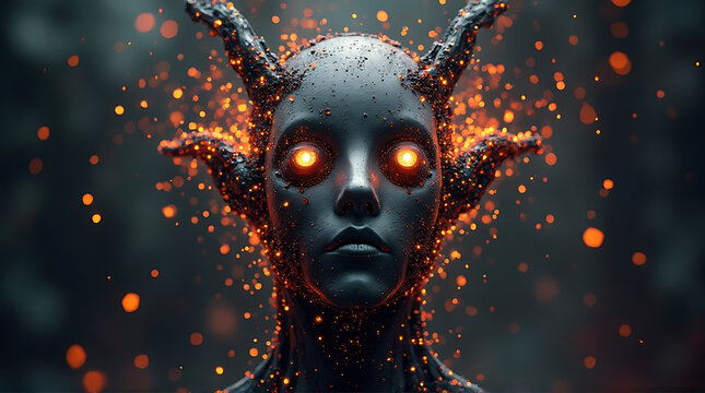 A dark, horned figure with glowing orange eyes emerges amidst a swarm of fiery particles, creating an ominous and ethereal portrait.