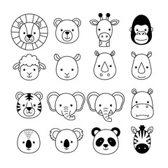 Naklejka premium Cute cartoon animal faces in black and white line art style, including lion, bear, giraffe, monkey, sheep, rhino, tiger, elephant, hippopotamus, koala, panda, and zebra