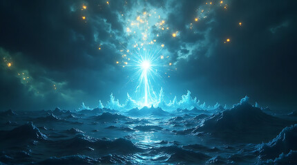 A luminous burst of energy emanates from the horizon, illuminating a dark, textured landscape and stormy sky with glowing particles.