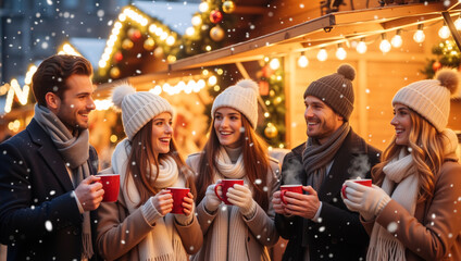 Group of happy friends drinking hot beverages at a Christmas market. Young people celebrating winter holidays in the snow. Festive seasonal celebration