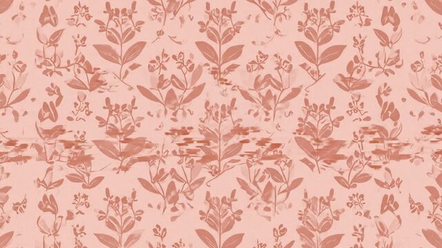 A repeating watercolor pattern of stylized floral elements in muted coral and pink hues