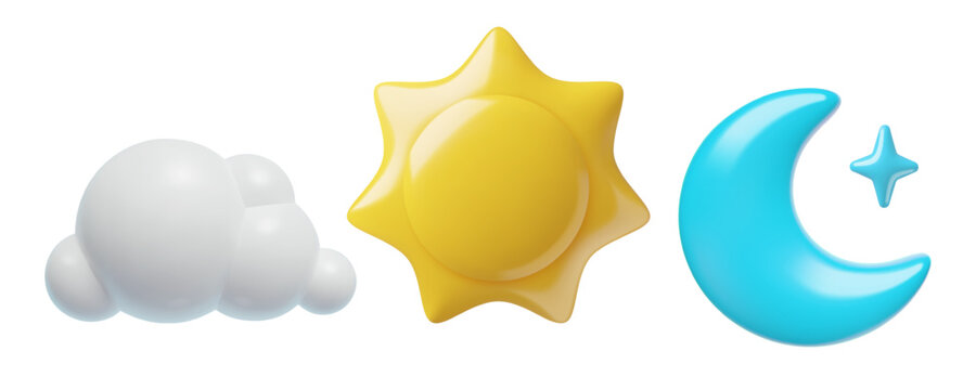 3d sun, moon and cloud icons, day and night plastic vector elements set isolated on white background.