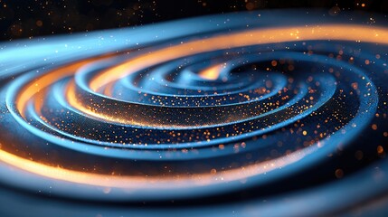 An abstract image of a swirling spiral with blue and orange colors, and glowing particles.