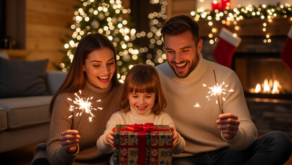 Happy family celebrating christmas with sparklers and a gift. Mother, father and daughter smiling in a cozy living room. Winter holiday and new year's eve celebration at home