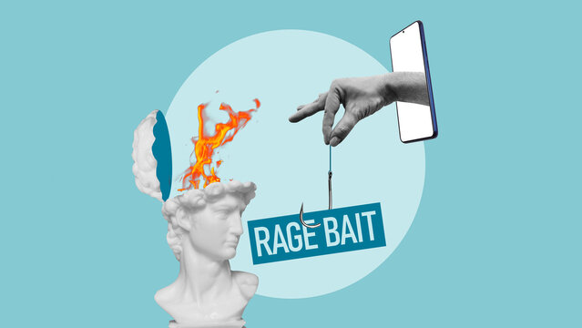 Rage Bait Concept with Smartphone Hook and Burning Head Sculpture. Online Provocation and Emotional Manipulation