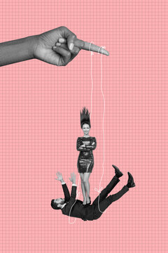 Sketch design trend artwork poster 3D collage of hand finger rope man puppet dly young lady stand pressure feelings bonding relationships
