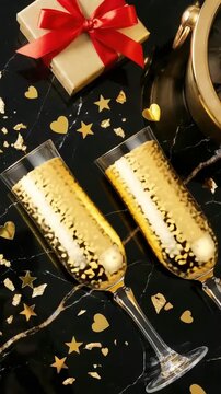 Two elegant champagne flutes filled with sparkling golden bubbles are surrounded by festive decorations and a gift box, capturing the essence of celebration, camera zooms in on the glasses