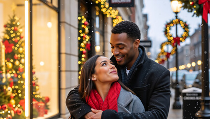 Happy diverse couple embracing in the snow on a city street. Romantic man and woman enjoying a winter date during the Christmas holidays