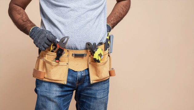 Handyman with tools: A handyman, ready for any task, poses with a belt full of essential tools, showcasing his expertise and preparedness for home improvement and repairs.