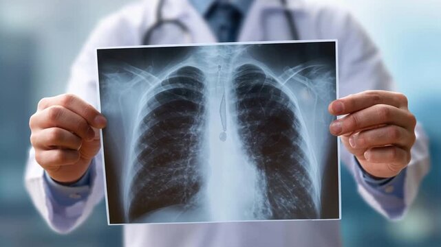 Doctor holding chest xray showing clear lungs airway highlighting air quality health impact respiratory radiology medical diagnosis encouraging