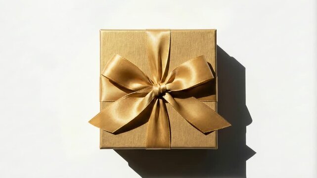 Golden gift box with elegant satin ribbon is showcased from above, highlighting its luxurious texture and design, as the camera smoothly zooms in to emphasize the details and ambiance of celebration