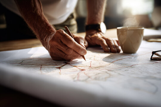 Senior businessman explaining strategy by drawing on map with pencil while planning at desk in sunlit office with cup of coffee nearby