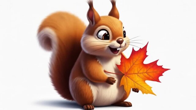 Cute Cartoon Squirrel Holding an Autumn Maple Leaf - 3D Illustration Isolated on White Background