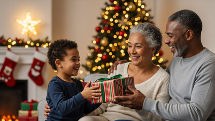 Happy african american grandson giving a christmas gift to his grandparents. Multi-generational family celebrating the holiday season at home. Festive winter celebration with a decorated tree