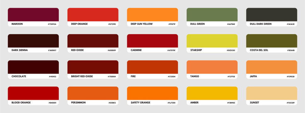Premium Colour Guide with Colour codes and Colour Names in Orange Shades - Colour Combination Palette - Colour Contrast - Red Shades, Orange Shades - 3.eps