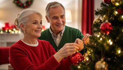 A smiling senior couple decorating a Christmas tree. Mature man and woman enjoying holiday traditions at home during the festive season