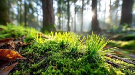 Obraz premium Lush Green Moss and Grass Growing in a Forest with Sunlight Streaming Through the Trees Creating a Peaceful and Natural Outdoor Scenery