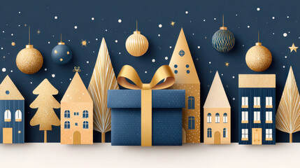Fototapeta premium Festive Holiday Scene With Gift Box Christmas Ornaments and Decorative Houses on a Dark Blue Background for Christmas Celebrations
