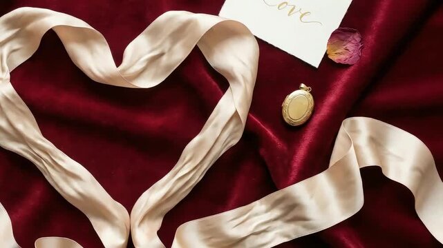 Heart-shaped ribbon gracefully displayed on rich red velvet, with a vintage locket and a handwritten note nearby, creating a romantic atmosphere, camera smoothly pans to capture the details