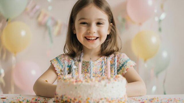 Petite fille soufflant les bougies d&rsquo;un g&acirc;teau d&rsquo;anniversaire