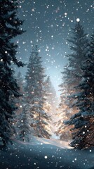 Naklejka premium Snowy Winter Forest With Pine Trees And Falling Snowflakes For Christmas Holiday Season And Winter Scenery Backgrounds And Seasonal Greetings
