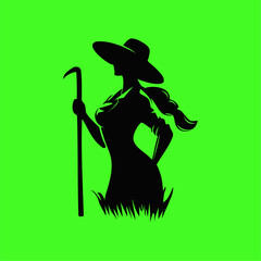 Silhouette of Woman Farmer with Hat and Staff. Bold black silhouette of a woman farmer holding a staff, wearing a wide hat and standing in grass against a bright green background. 
