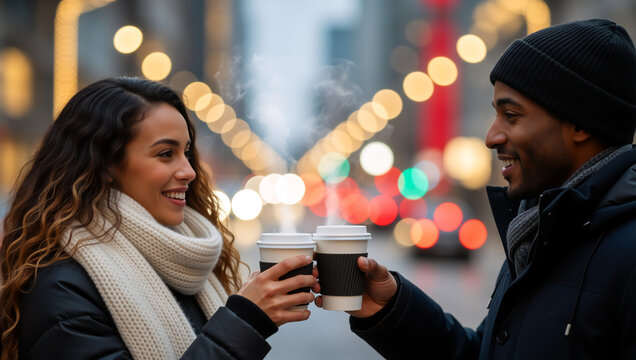 Happy interracial couple on a romantic winter date toasting with coffee. Young man and woman smiling on a city street at night. Festive holiday season concept - Powered by Adobe