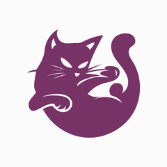 Cartoon cat vector logo design, Cute cat silhouette, modern creative logo, half off moon, minimalist, vector illustration, flat design, cut out vector icon, black cat with big eyes, simple design,