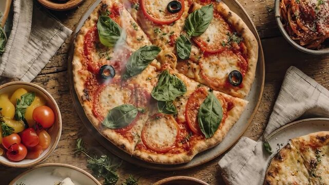 Table italienne conviviale avec pizza et accompagnements