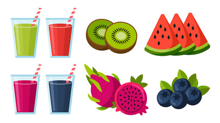 Vibrant fruit drinks and fresh fruits healthy lifestyle icons