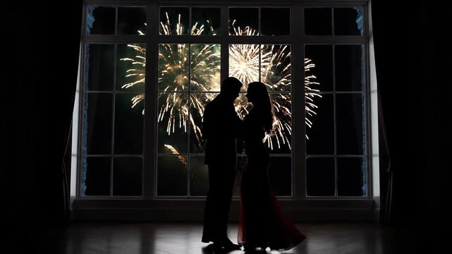 Romantic silhouette of a loving couple embracing in front of a window watching a spectacular fireworks display at night