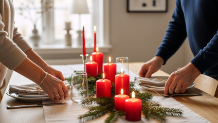 A couple setting a festive table for Christmas dinner. Man and woman arranging plates with red candle decorations. Holiday celebration at home