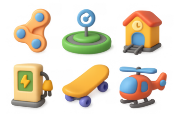 Colorful transport icons featuring helicopter, skateboard, gas pump, and more for design projects