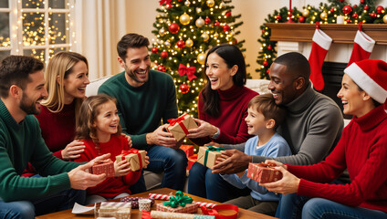 Diverse group of friends and family celebrating Christmas at home. Happy multiethnic people exchanging gifts in a festive living room. Holiday season joy and winter celebration