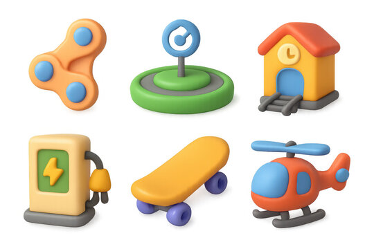 Colorful transport icons featuring helicopter, skateboard, gas pump, and more for design projects