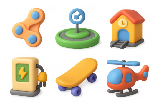 Colorful transport icons featuring helicopter, skateboard, gas pump, and more for design projects