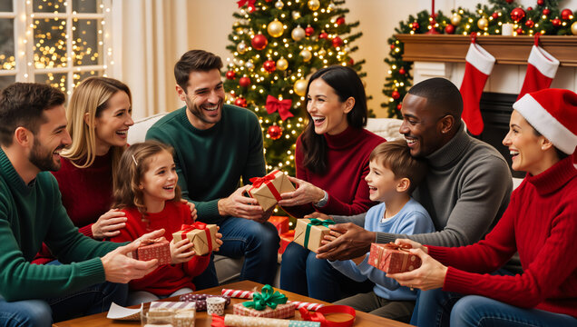 Diverse group of friends and family celebrating Christmas at home. Happy multiethnic people exchanging gifts in a festive living room. Holiday season joy and winter celebration