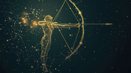 Sagittarius zodiac constellation in minimal line art style, thin golden lines forming archer shape on dark background, modern mystical astrology design with celestial elements and copy space for text