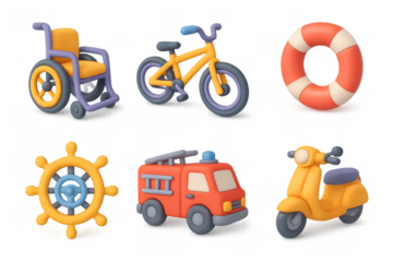 Vibrant 3d cartoony icons set featuring bicycle, lifebuoy, wheelchair, and more for design projects