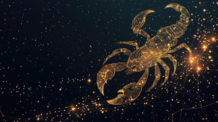 Scorpio zodiac constellation in minimal line art style, thin golden lines forming scorpion shape on dark background, modern mystical astrology design with celestial elements and copy space for text