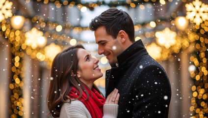 A happy young couple in love on a romantic date during a snowy winter night. Man and woman smiling with festive christmas lights in the background