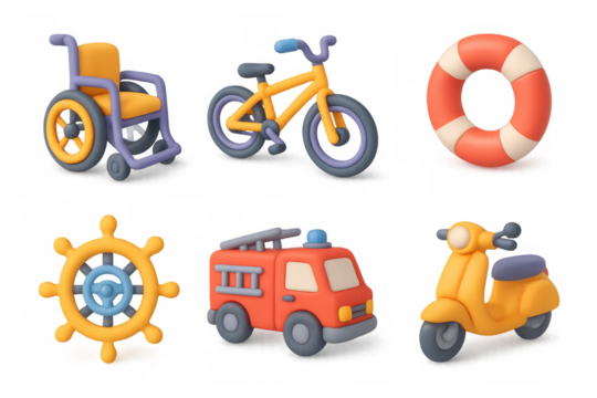 Vibrant 3d cartoony icons set featuring bicycle, lifebuoy, wheelchair, and more for design projects