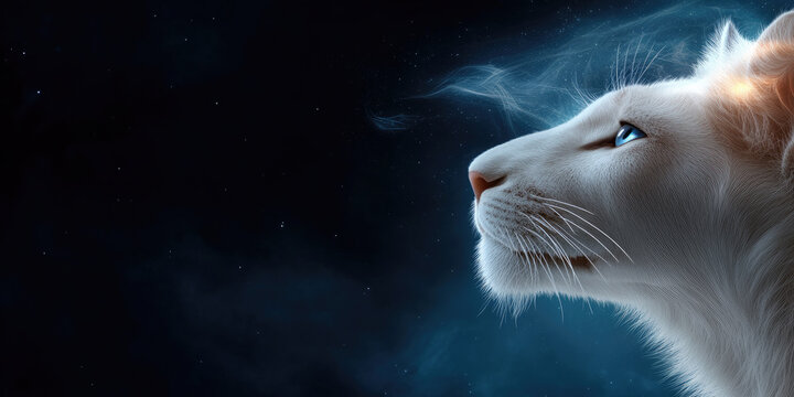 Leo zodiac sign represented by the majestic male lion symbol with constellation illustration, astrological horoscope background in blue cosmic design, mystical atmosphere with copy space for text