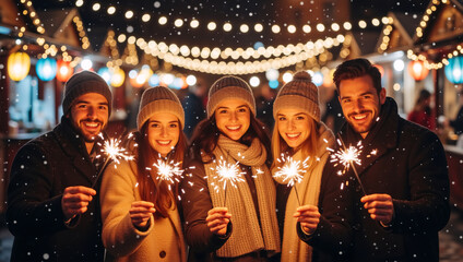 Happy group of friends celebrating with sparklers at a winter market. Young people enjoying a festive holiday party on a snowy night