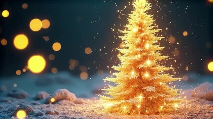 Golden Christmas Tree Illuminated with Lights in Snowy Landscape with Bokeh Effect