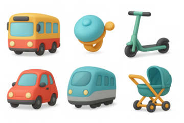 Colorful transport icon set featuring car, bus, train, bike, bell, and stroller for design and apps